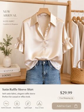 Satin Ruffle Sleeve Blouse - Cream